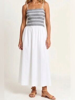 Modenaire Smocked Bodice A-Line Maxi Dress White 100% Cotton